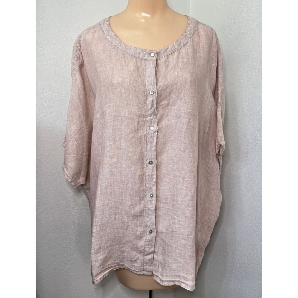 Tahari Womens Minimalist Linen Button Up Top Large Coastal Capsule Lagenlook